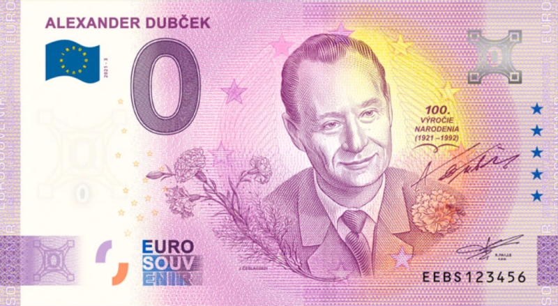 Bankovka 0 Euro s motívom Alexander Dubček